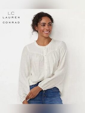 LC Lauren Conrad Cream Button Front Peasant Top with Gray Leaf Pattern Size XL